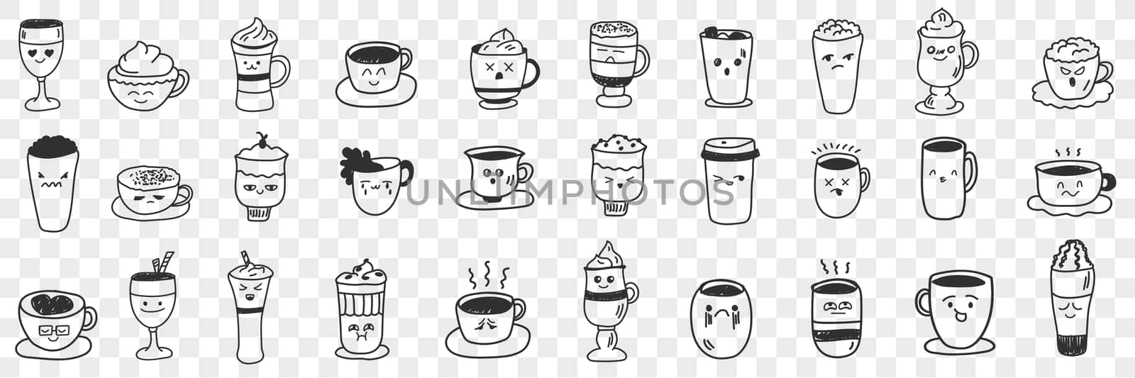 Cups and mugs for hot drinks doodle set. Collection of hand drawn various shapes and forms of cups with coffee cocktails tea and other drinks isolated on transparent background