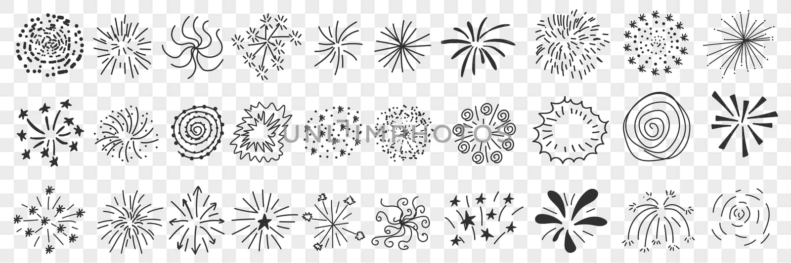 Star patterns and lines drawings doodle set. Collection of hand drawn decorative elegant patterns of stars lines splashes flash in round circle shapes isolated on transparent background
