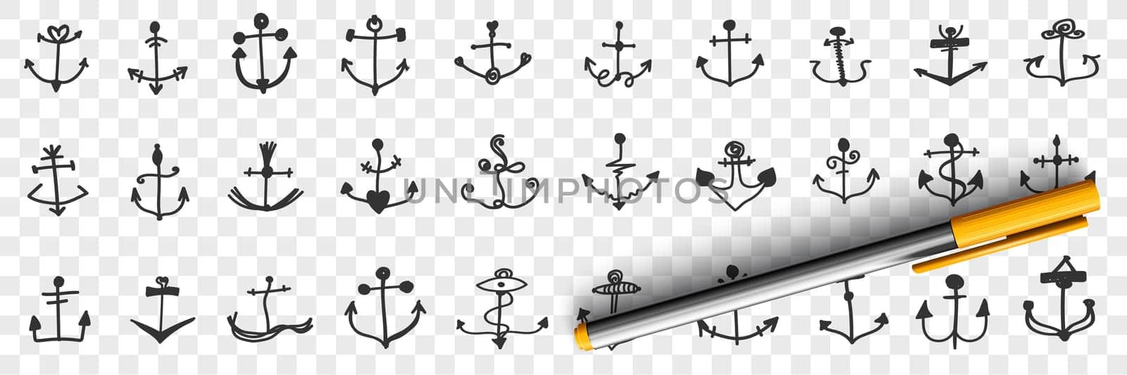 Anchors for ships doodle set. Collection of hand drawn various anchors of different shapes and styles for board ships and nautical marine water vehicles isolated on transparent background