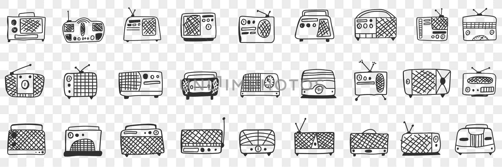 Vintage retro Radio tape recorder doodle set. Collection of hand drawn retro styled radio and tape recorders with antennas for listening to music isolated on transparent background