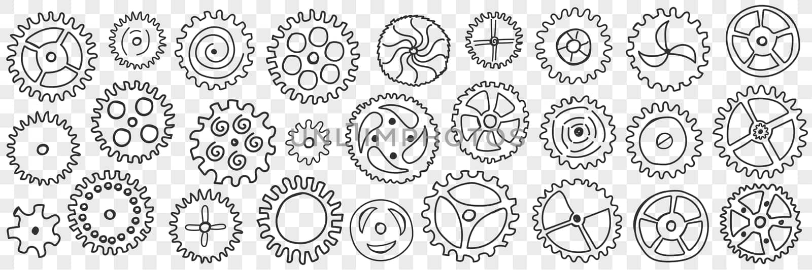 Circle gears with patterns doodle set. Collection of hand drawn various gears mechanisms with patterns and different filling industrial engineering wheels isolated on transparent background