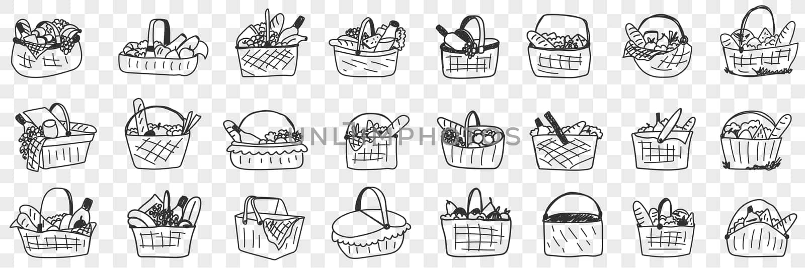 Basket with food doodle set. Collection of hand drawn various baskets with ingredients food drinks for picnics outdoors isolated on transparent background