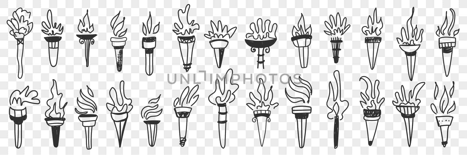 Torch with flame fire doodle set. Collection of hand drawn various torch with burning flame in row isolated on transparent background vector illustration