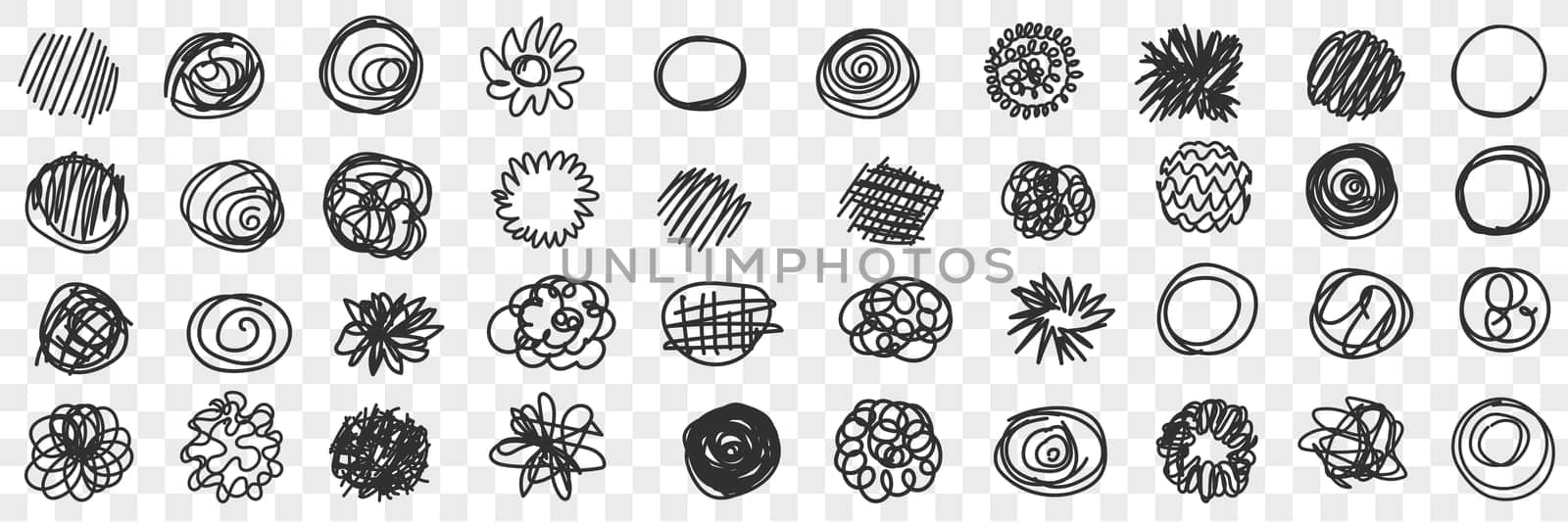 Curves circles scribbles lines doodle set. Collection of hand drawn scribbles of various patterns waving lines geometrical shapes isolated on transparent background