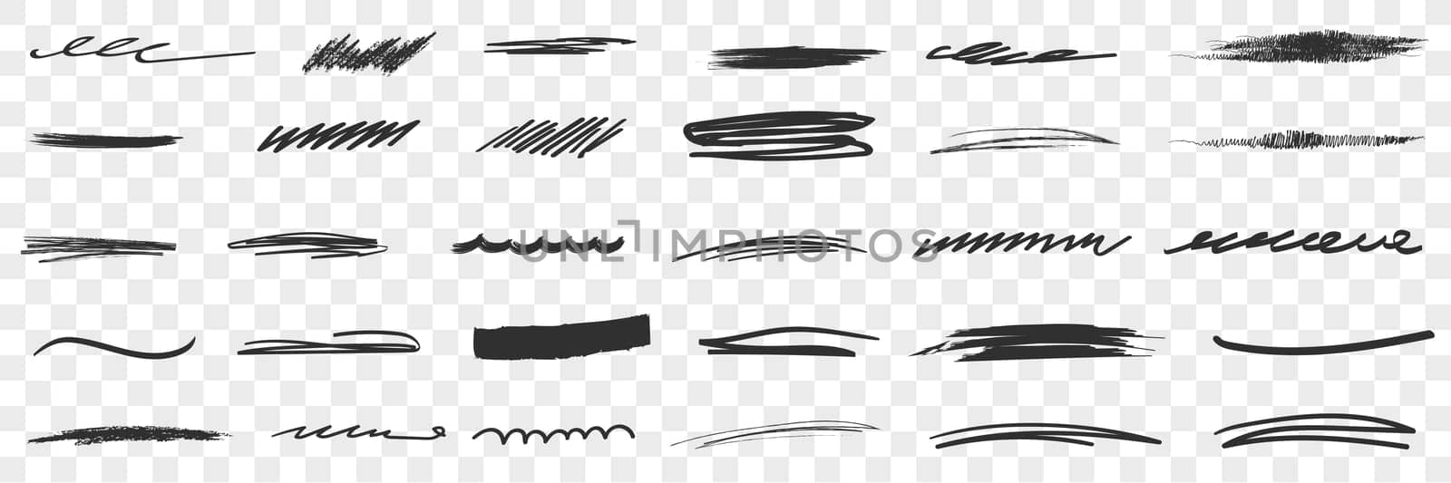 Thick and thin Scribbles lines drawings doodle set. Collection of hand drawn scribbles of various patterns and thickness lines geometrical shapes isolated on transparent background