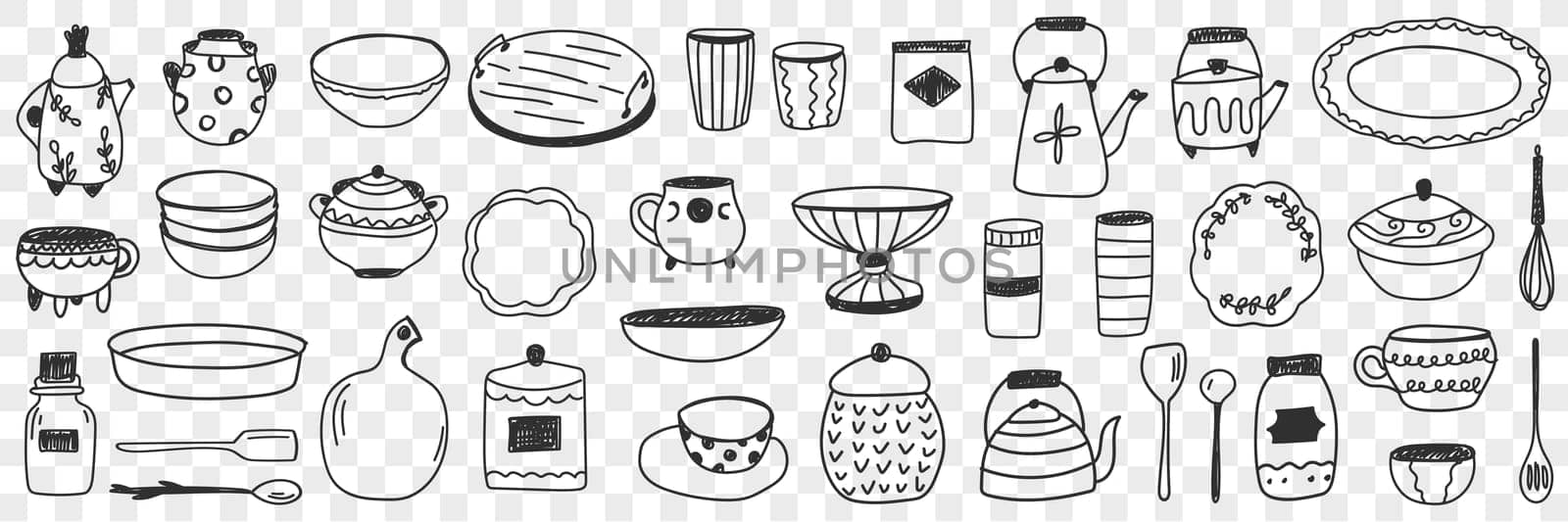 Tableware on kitchen doodle set. Collection of hand drawn kitchen and tableware boards pots kettles plates cutlery glasses mugs for cooking and eating isolated on transparent background