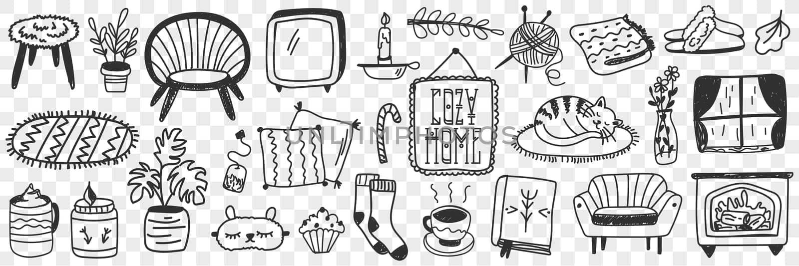 Cozy home accessories doodle set. Collection of hand drawn various furniture chairs candles picture socks knitting tea cat and plants isolated on transparent background