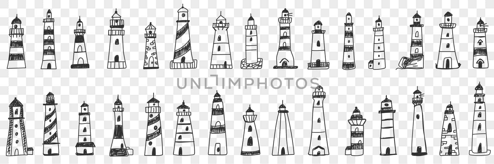 Lighthouse buildings in sea doodle set. Collection of hand drawn various facades of lighthouse buildings in sea or ocean shining lights isolated on transparent background