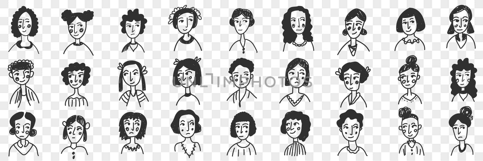 Hairstyles of brunette women and men doodle set. Collection of hand drawn female and male faces with various short and long straight and curly hairstyles portraits isolated on transparent background