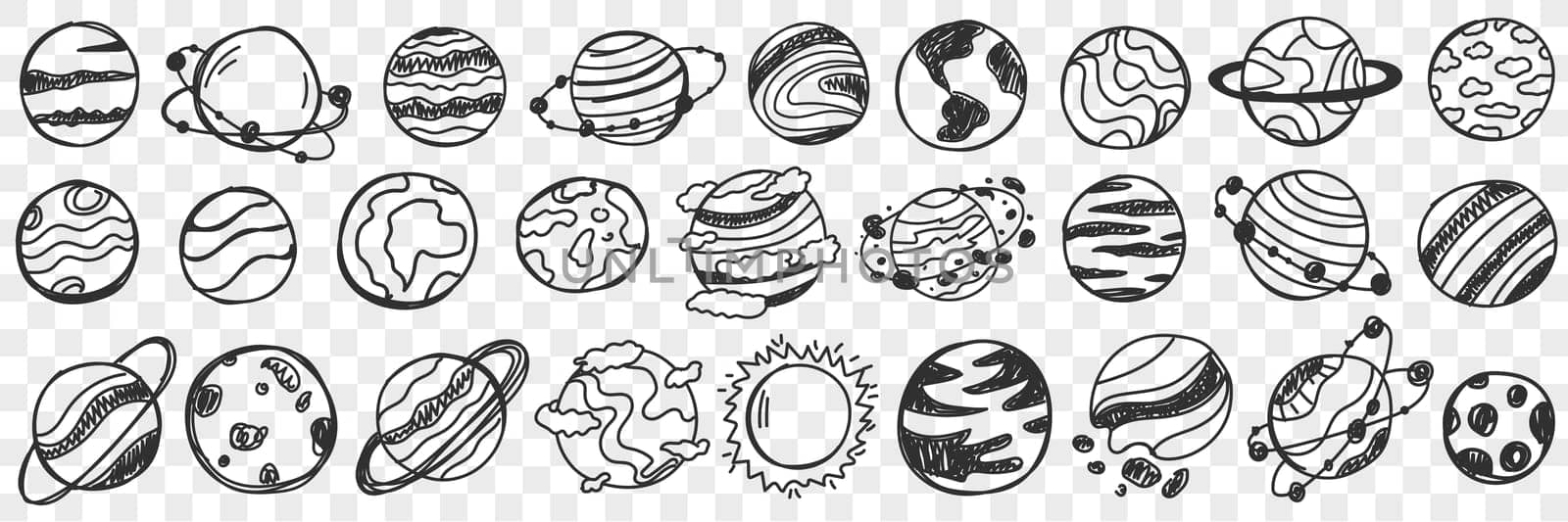 Planets in universe doodle set. Collection of hand drawn various planets in galaxy stars universe cosmos objects with patterns and landscapes isolated on transparent background