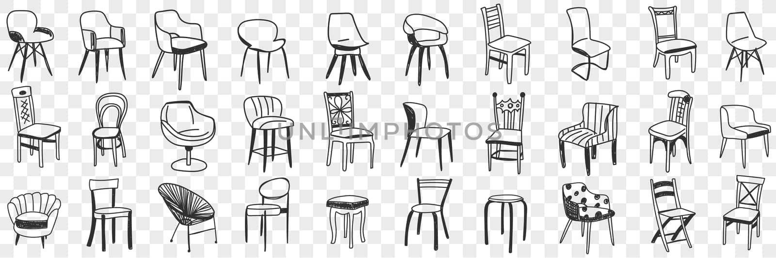 Chairs and armchairs doodle set. Collection of hand drawn various chairs of different designs for rooms flats offices interiors isolated on transparent background
