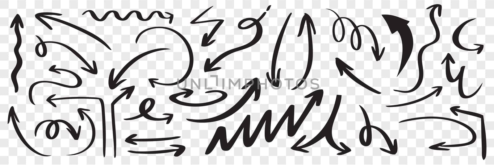 Set of hand drawn black arrows. Doodle curved scattered scribble sketch pointer line direction arrowhead on transparent background. Round or twisted navigation symbol.