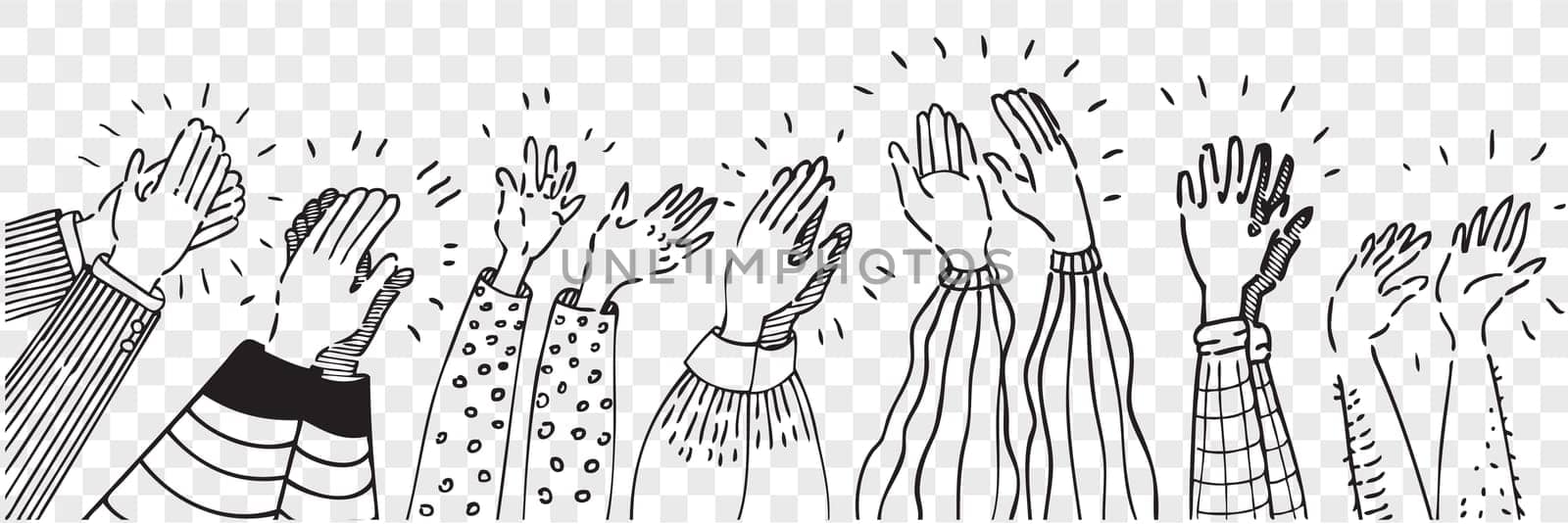 Hand drawn clapping human hands doodle set. Collection pencil chalk drawing sketches men women raising arms making applause isolated on transparent background. Greeting celebration or ovation.