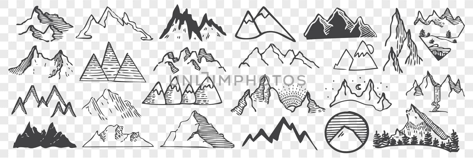 Hand drawn mountain peaks doodle set. Collection of pencil chalk drawing sketches different form shape hill or rock tops of on transparent background. Highland objects illustration.