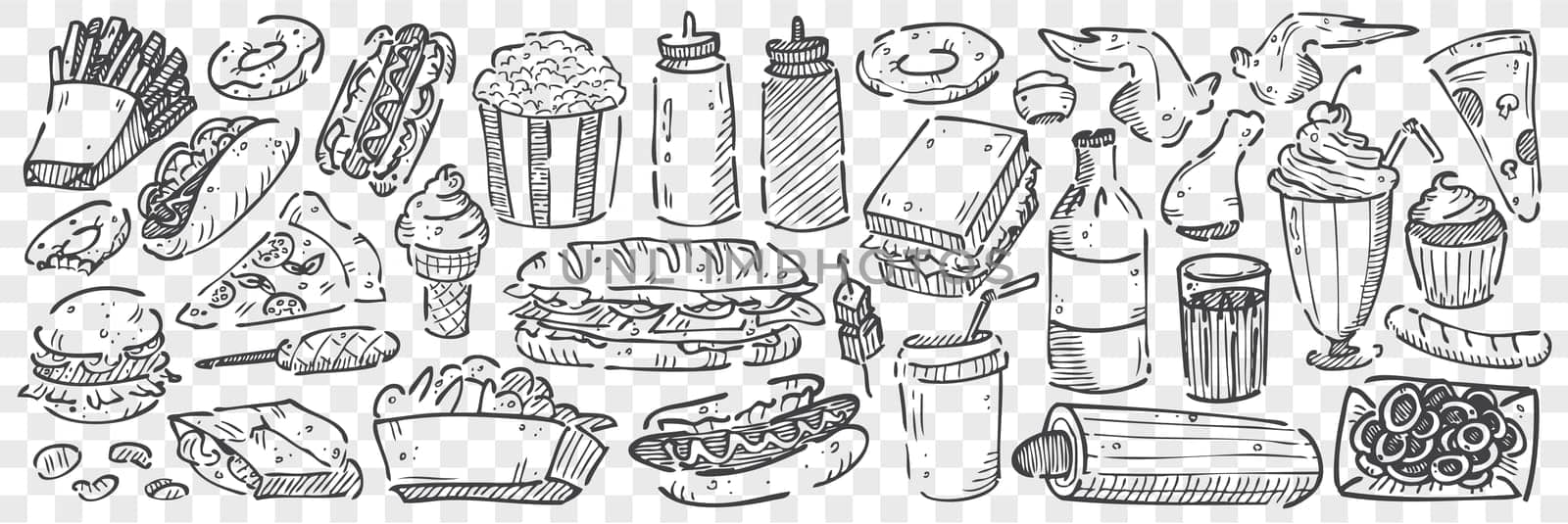 Hand drawn junk food doodle set. Collection of pencil chalk drawing sketches of pop corn sandwitch hot dog french fries hamburger and pizza on transparent background. Unhealthy nutrition fast food.
