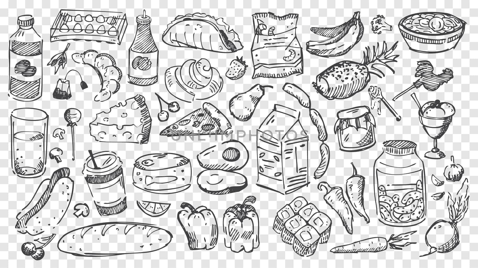 Hand drawn meal doodles set. Collection of pencil or chalk drawing sketches of different food types fruits and vegetables on transparent background. Healthy nutrition and junk food illustration.