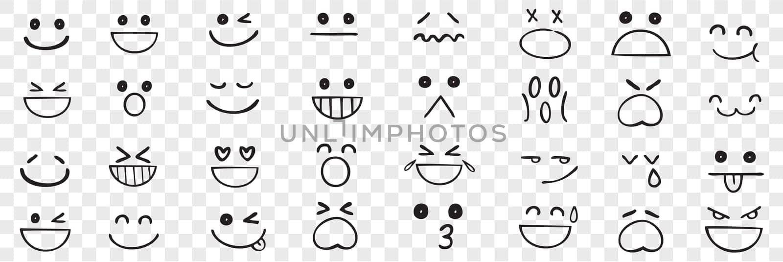 Hand drawn emotions set. Face expressions happy or sad doodles or laughing faces smiling mouths crying eyes. Different mood positive and negative human feelings illustration.