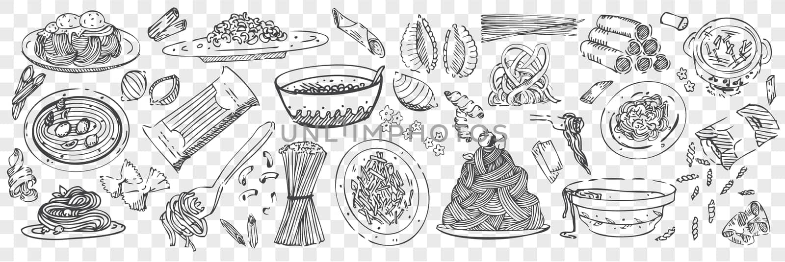 Hand drawn pasta doodles set. Collection of pen pencil or chalk drawing sketches tasty delicious dishes from noodles or italian macaroni. Cooking spaghetti penne illustration in transparent background