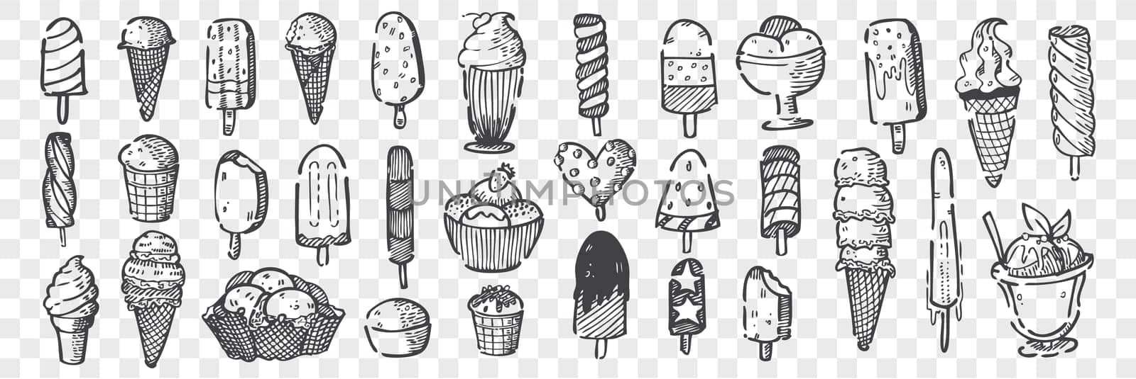 Hand drawn ice cream doodle set. Collection of pencil chalk drawing sketches of different various shape size form sweet tasty sundae on transparent background. Unhealthy nutrition fast food.