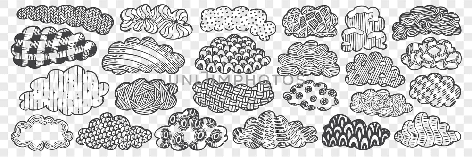 Hand drawn clouds doodle set. Collection of pencil chalk drawing sketches different coloring inside cloudlets isolated on transparent background. Sky objects illustration.
