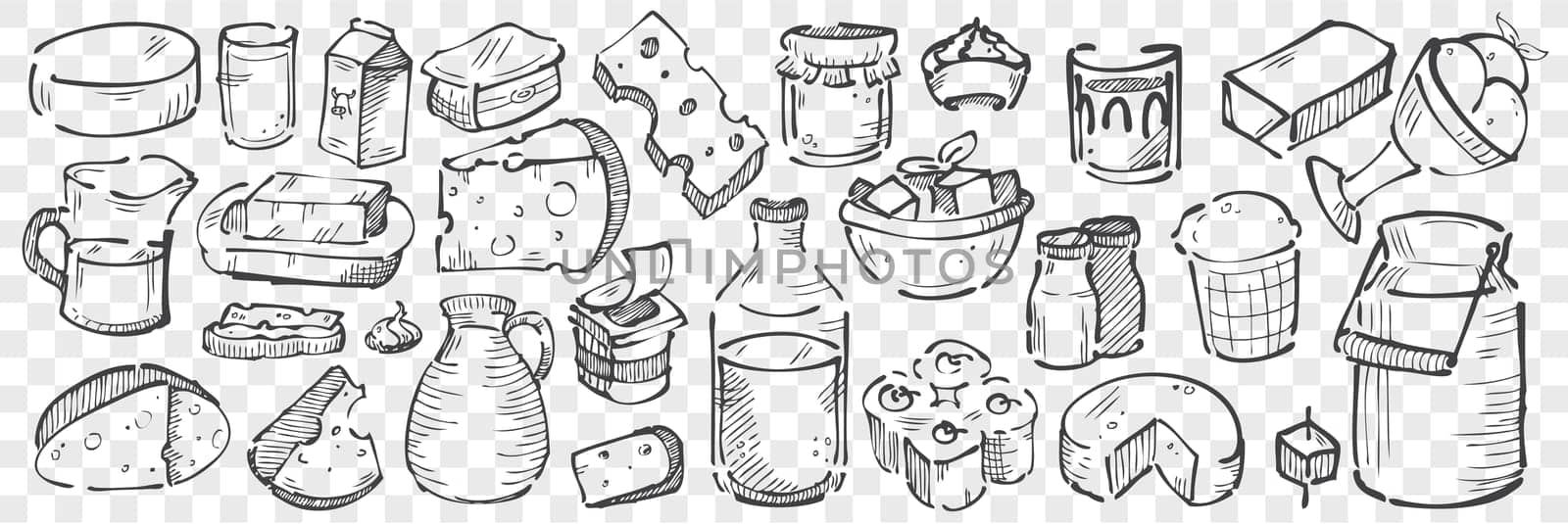 Hand drawn dairy produce doodle set. Collection of pencil chalk drawing sketches of cheese cheddar parmesan milk clabber sour and ice cream on transparent background. Cow products illustration.