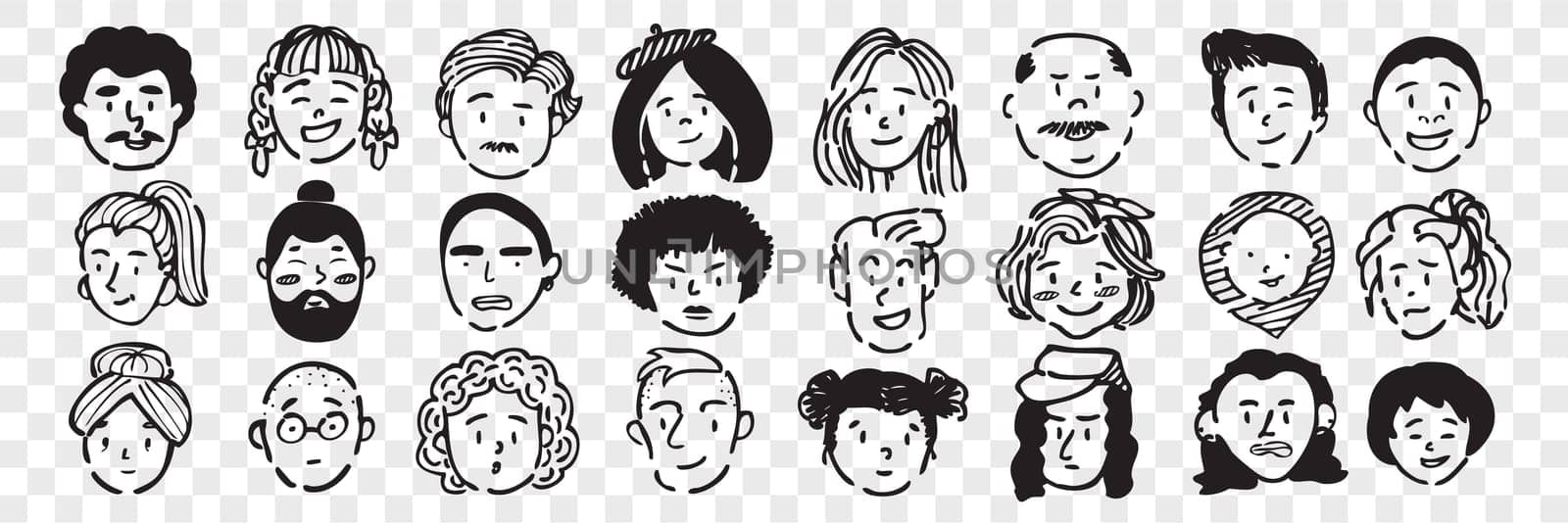 Hand drawn human faces doodle set. Collection of pen ink pencil drawing sketches of young old men women boys girls facial expressions on transparent background. Illustration different age generation.