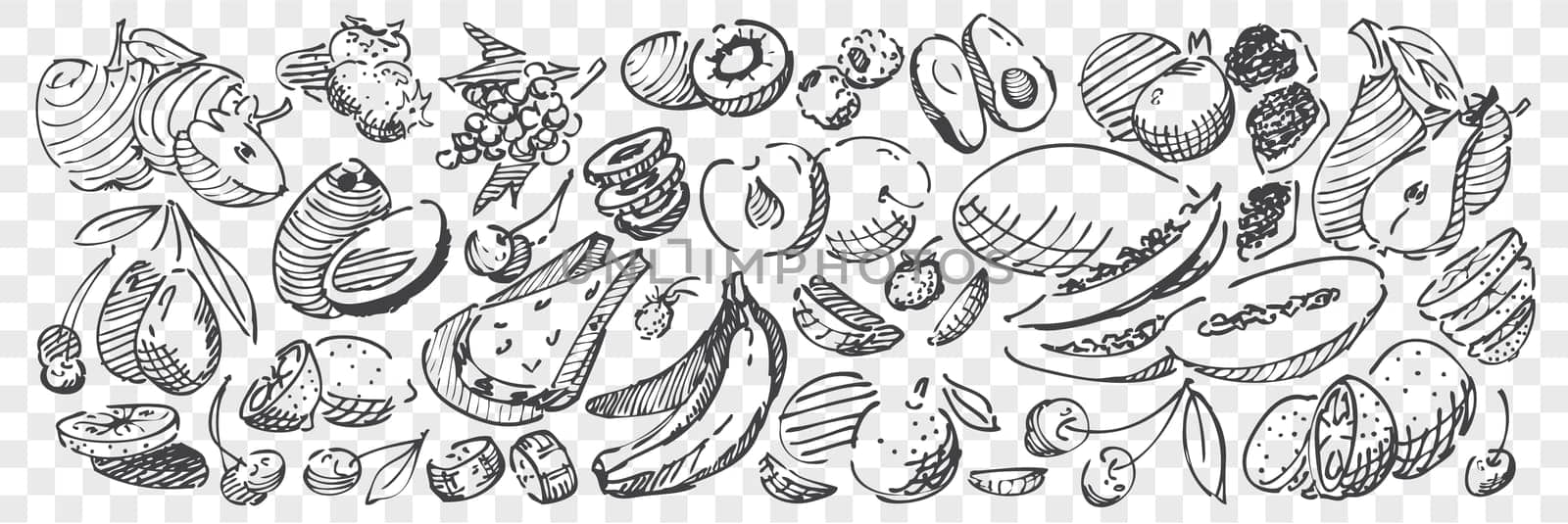 Hand drawn fruits doodle set. Collection of pencil chalk drawing sketches of pear apple cherry grape banana watermeon orange strawberry and kiwi on transparent background. Harvesting food illustration