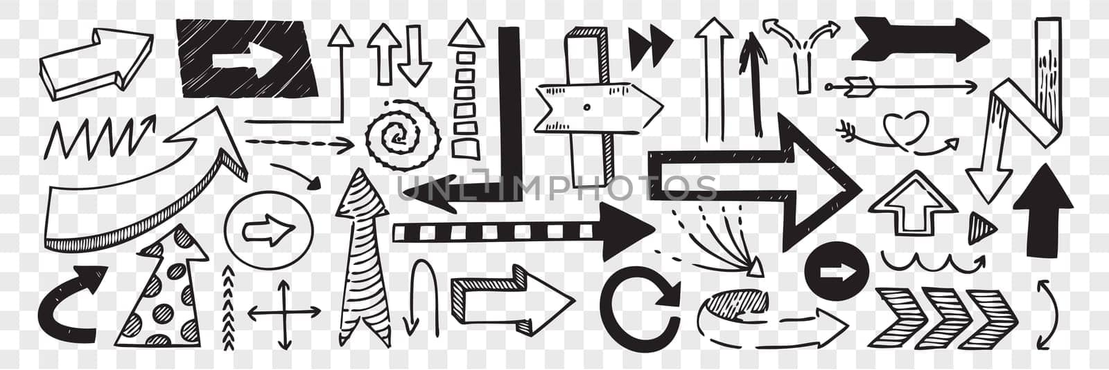 Hand drawn pointers doodle set. Collection of pen ink pencil drawing sketches direction boards and arrows isolated on transparent background. Illustration of different road or touristic placards.