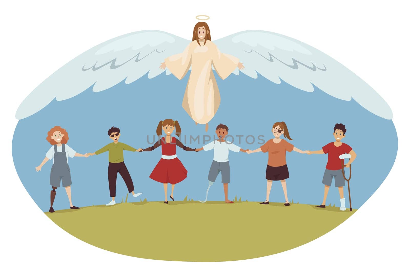 Protection, disability, support, religion, christianity concept. Angel biblical religious character protecting young happy handicapped injured disabled people children kids. Divine help healthcare.