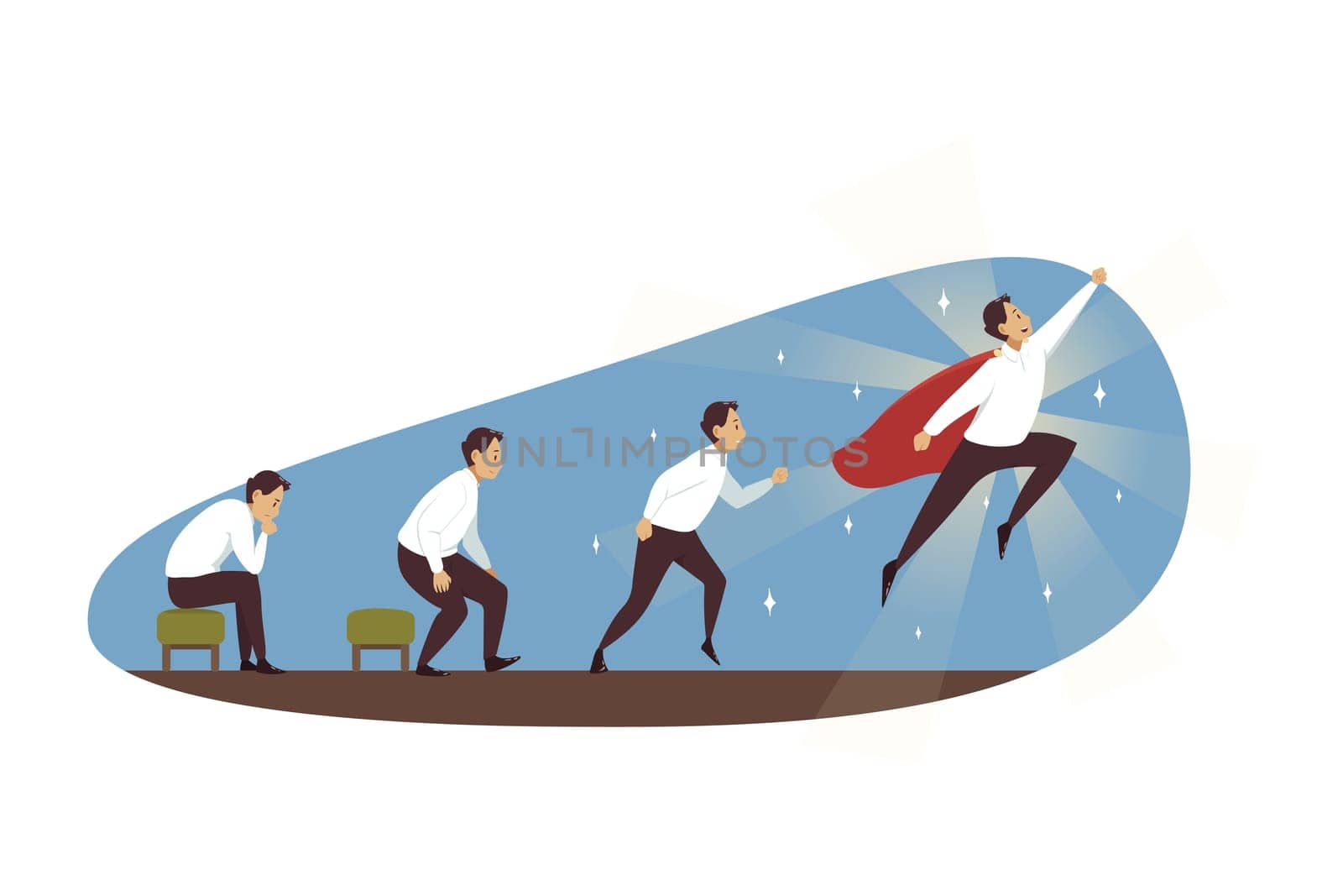 Idea, business, success, goal achievement, hero concept. Pensive thoughtful businessman manager clerk cartoon character finding solution and becoming superhero. Reaching purpose and successful startup