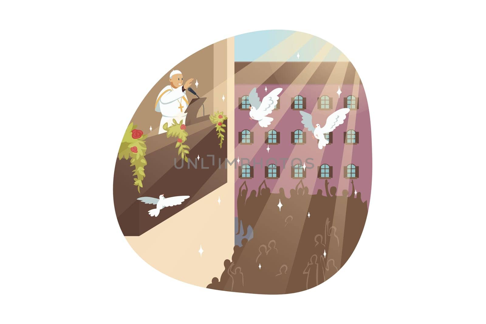 Religion, christianity, bible, rome, world peace day concept. Roman pope priest preacher religious character reading sermon to people flock parish with flying pigeons as peaceful symbol illustration