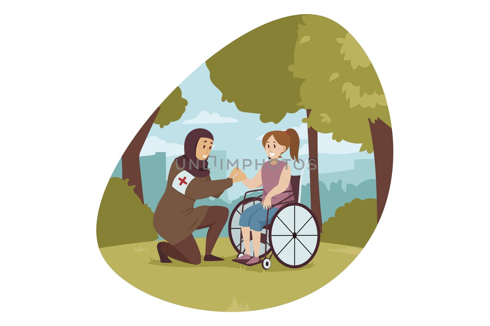 Volunteering, medicine, disability, health, care concept. Arabic muslim woman volunteer in hijab in holding hand of young disabled handicapped girl patient. Social medical support or help illustration