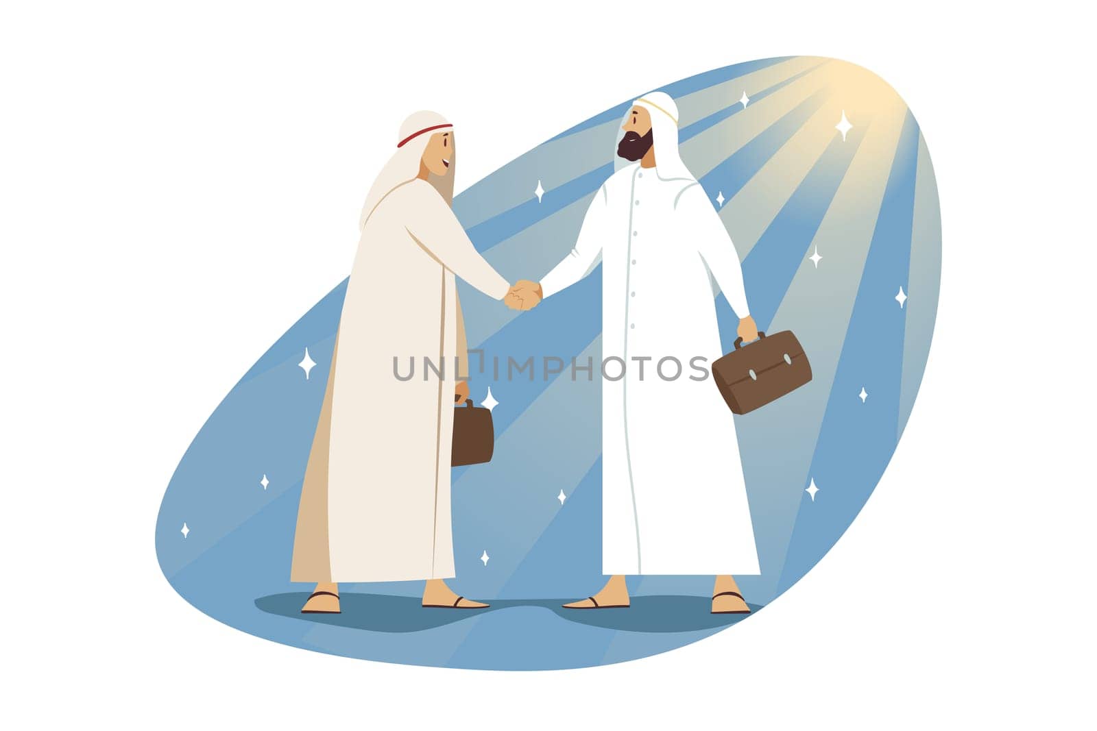 Success, contract, meeting, business concept. Young happy businessman muslim cartoon character signing contract with arabic colleague and handshaking. Job employment and making deal congratulation.