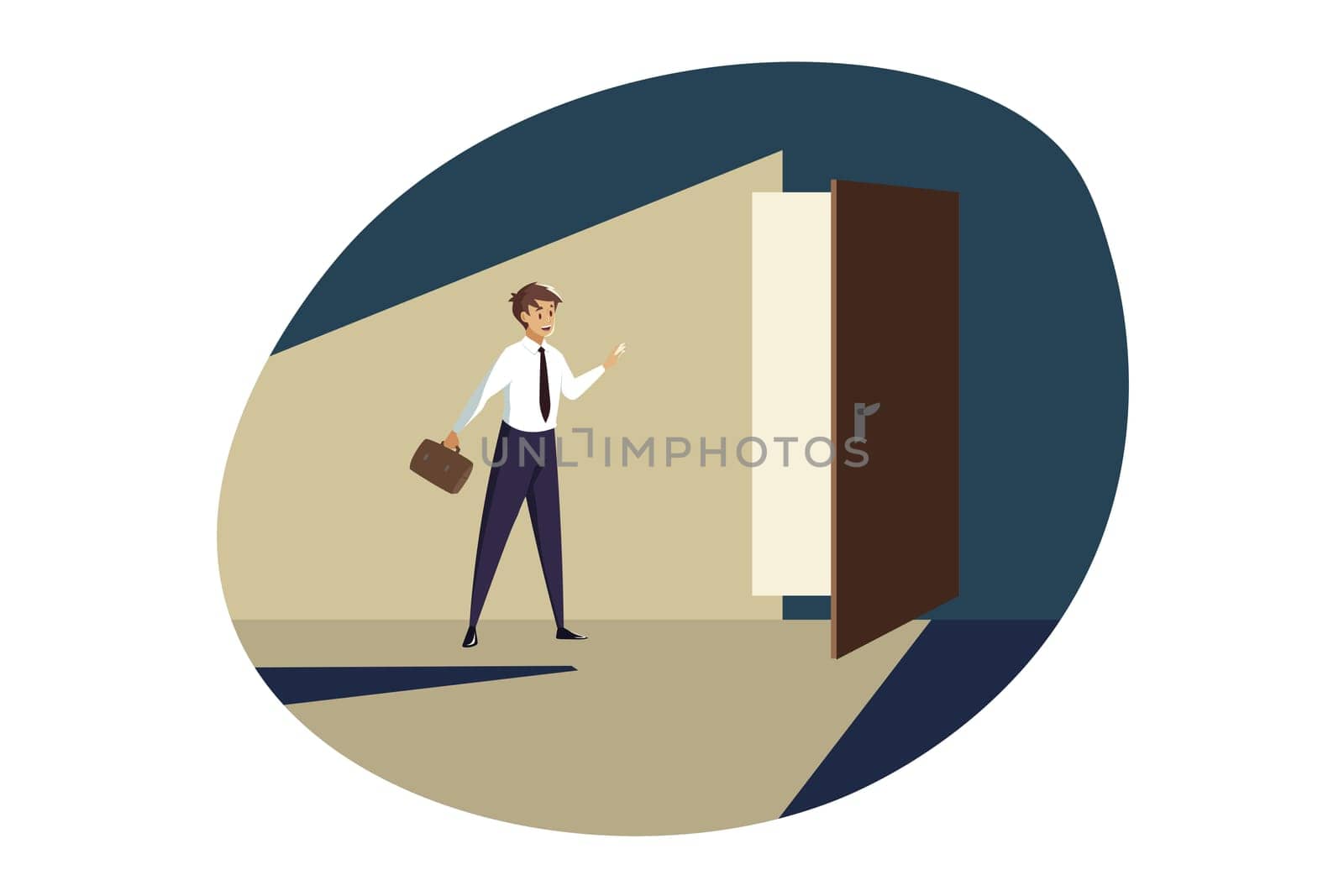 Business, career, opportunities, perspective concept. Young businessman manager standing in front opened door ready for new job perspectives. Professional corporate growth and percpectives at work.