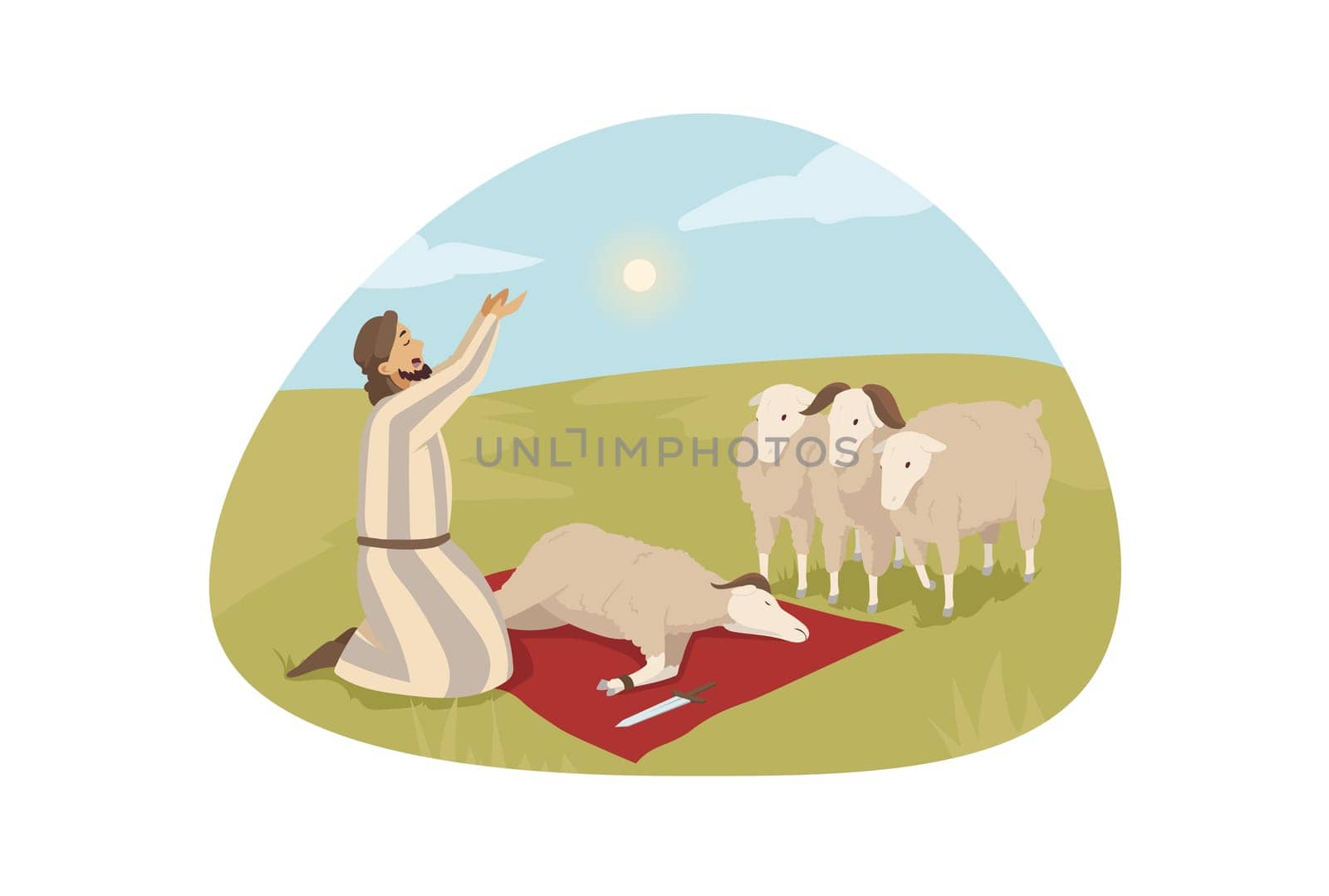 Bible, religion, character, sacrificial offering concept. Young man guy shepherd cartoon character praying to god ready for killing ship lamb as sacrifice for Lord. Old Testament biblical illustration
