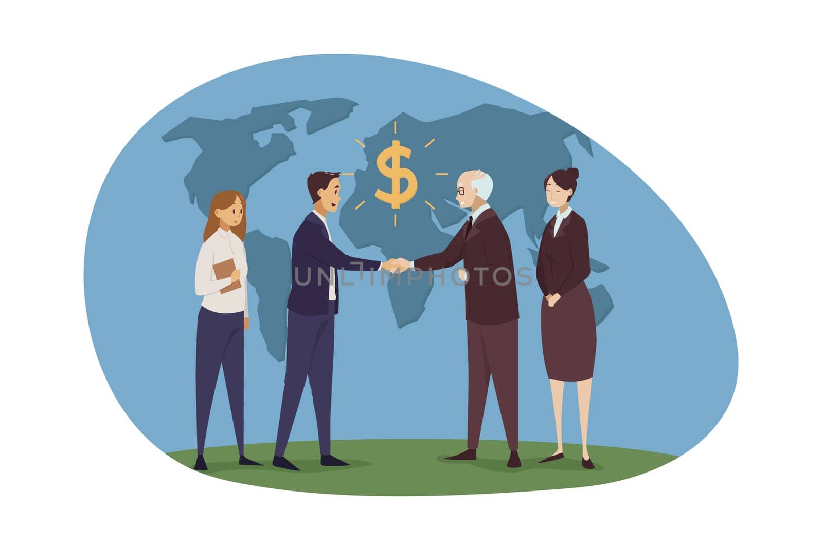 Success, contract, meeting concept. Young happy businessmen bosses leaders with women secretaty characters signing contract and shaking hands together. Global business and making deal congratulation.