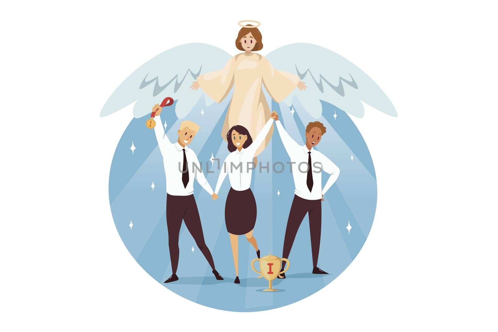 Christianity, bible, religion, protection, business, success concept. Angel biblical religious character protects businessmen woman clerks managers standing together. Divine support care illustration.
