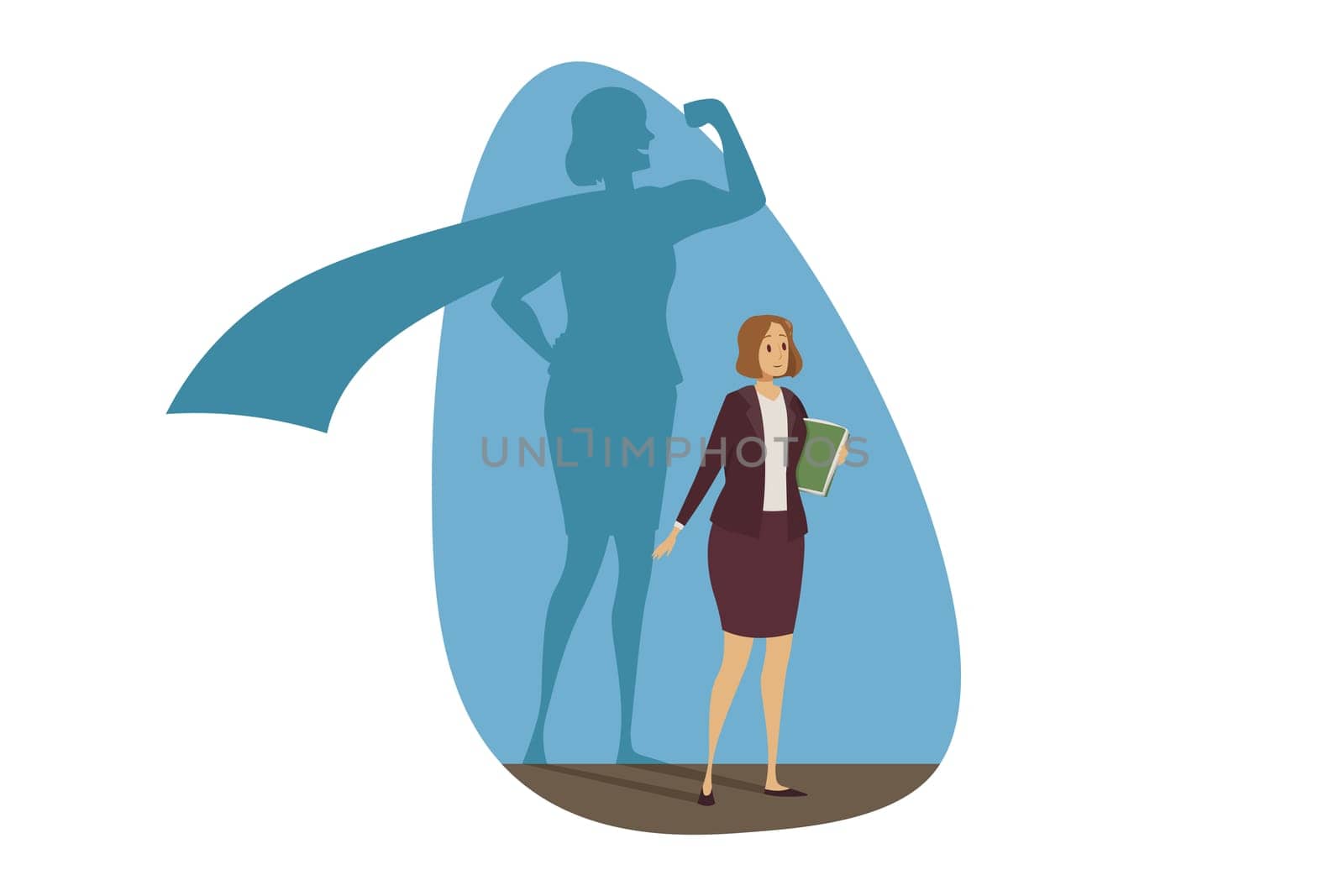 Business, motivation, superhero, success, leadership concept. Confident happy businesswoman clerk manager leader standing in front superheroic shadow. Women power and career growth with ambition.