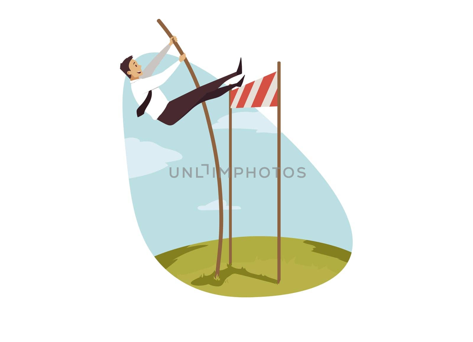 Leadership, winning, overcoming, business concept. Businessman clerk manager motivated leader jumping over high obstacle. Goal achievement and successful coping solution of difficulties illustration.