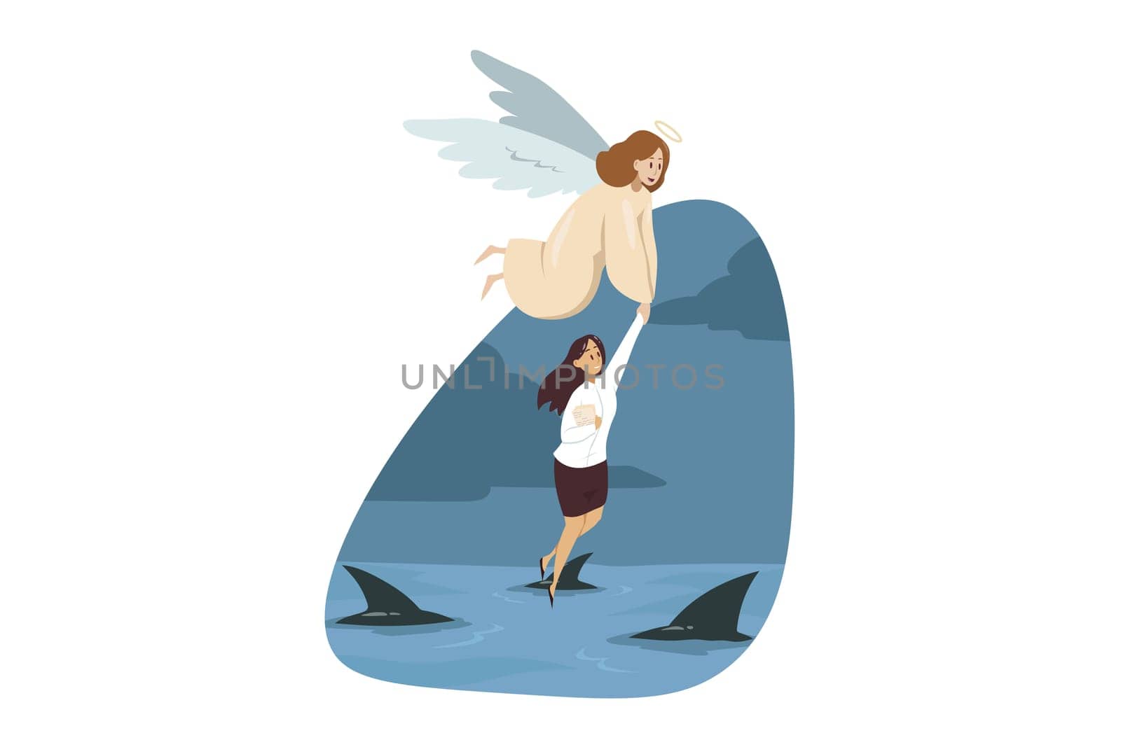 Religion, christianity, business concept. Angel biblical character helping carrying young businesswoman manager over sea full of sharks. Divine support from failure bankruptcy and financial crisis.