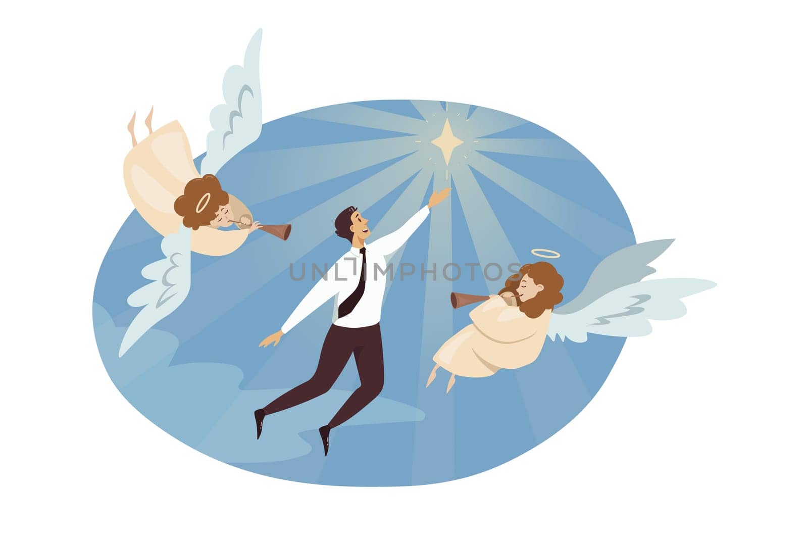 Religion, christianity, business, help, success concept. Young happy businessman clerk manager flying to shining star in sky and angels playing musical instruments. Divine support and goal achievement
