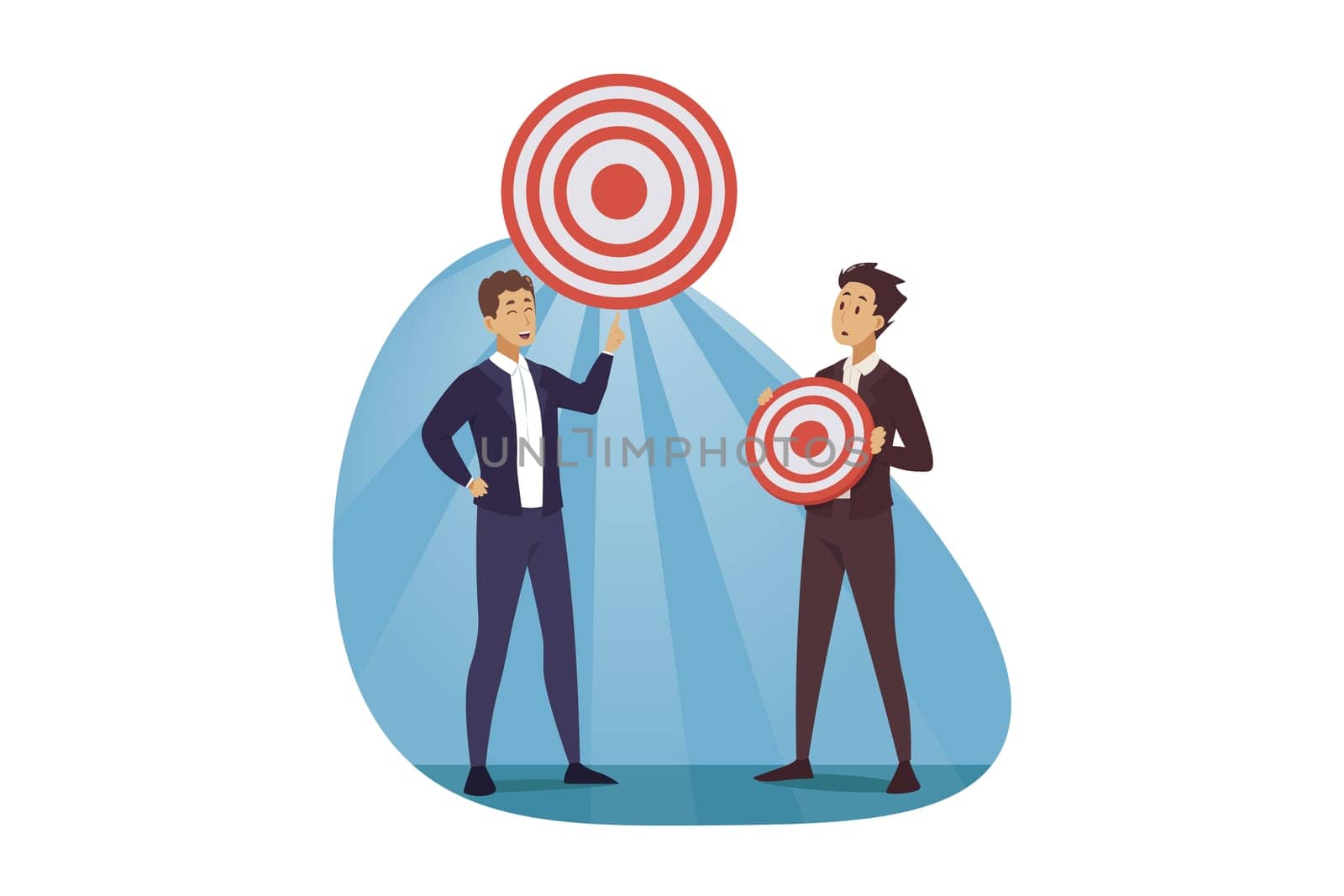 Development, targeting, goal, business concept. Corporate planning challenge and financial target determination illustration. Businessmen managers leaders team coworkers standing with big small aims.