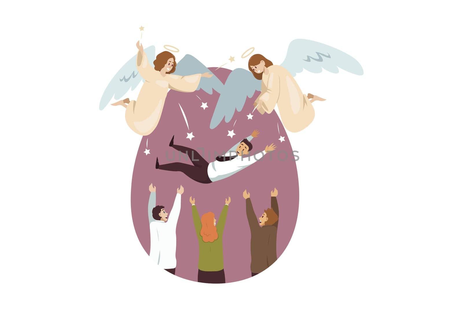Christianity, bible, religion, celebration, business, success concept. Angels biblicalcharacters rejoicing for team of businessmen women managers celebrating victory. Divine support goal achievement.