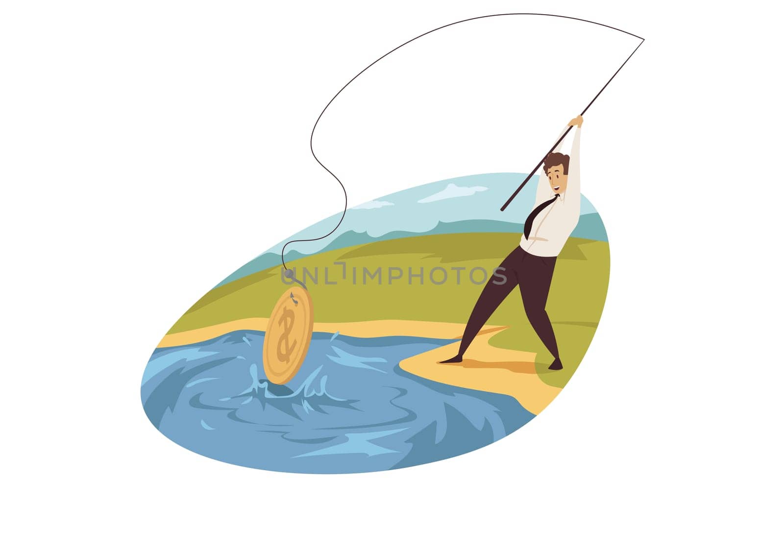 Business, profit, mining, income, fishing concept. Businessman manager worker entrepreneur fisherman catching bitcoin from pond. Cryptocurrency earning and digital finance ecommerce illustration.