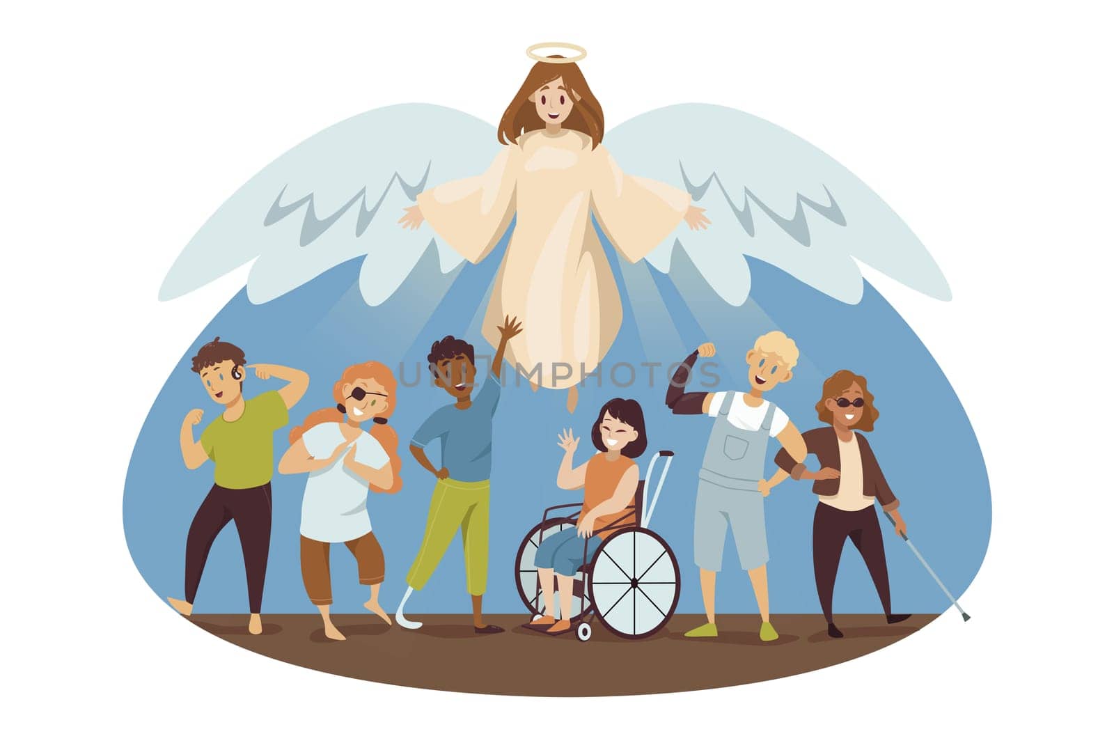 Protection, disability, support, religion, christianity concept. Angel biblical religious character protecting young happy handicapped injured disabled people men women. Divine help and healthcare.