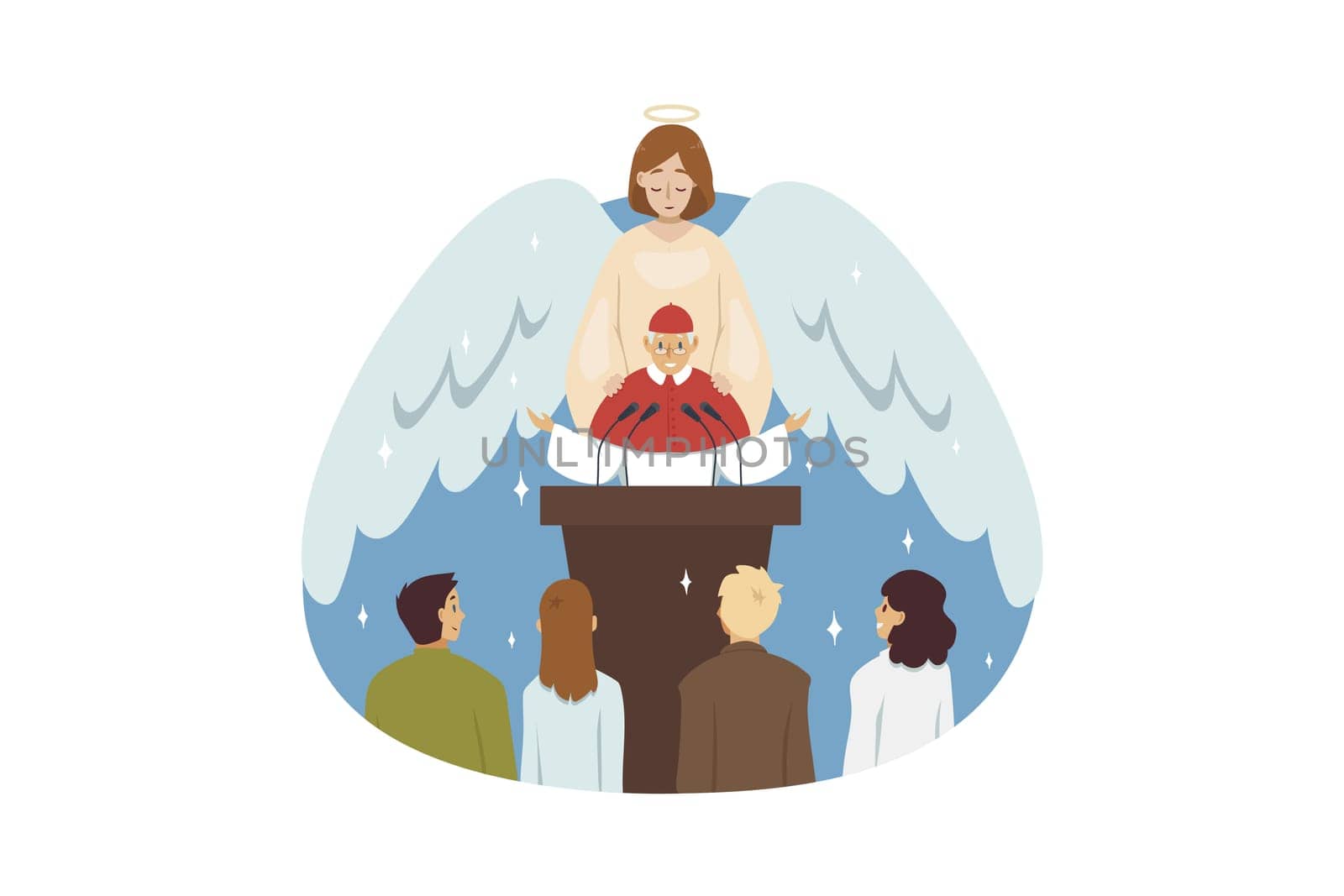 Bible, religion, christianity concept. Angel biblical religious character blessing old man priest preacher reading sermon to people parish flock in church. Catholic or orthodox holiday celebration.