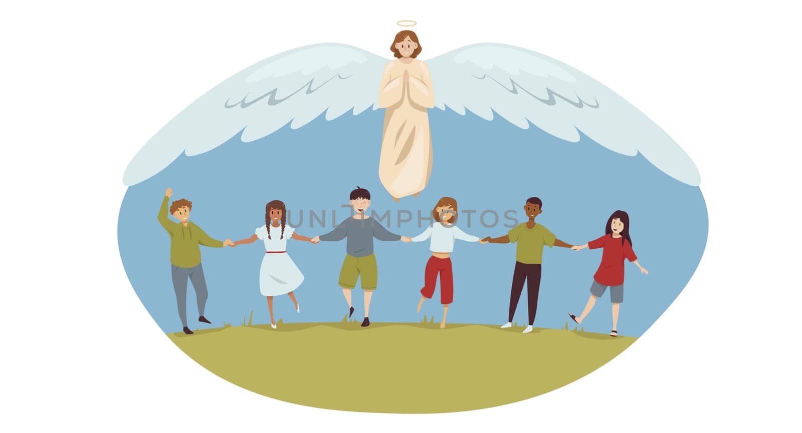 Protection, childhood, education, support, religion, christianity concept. Angel biblical religious character protecting young multiethic happy toddlers schoolchildren kids boys girls. Divine help.