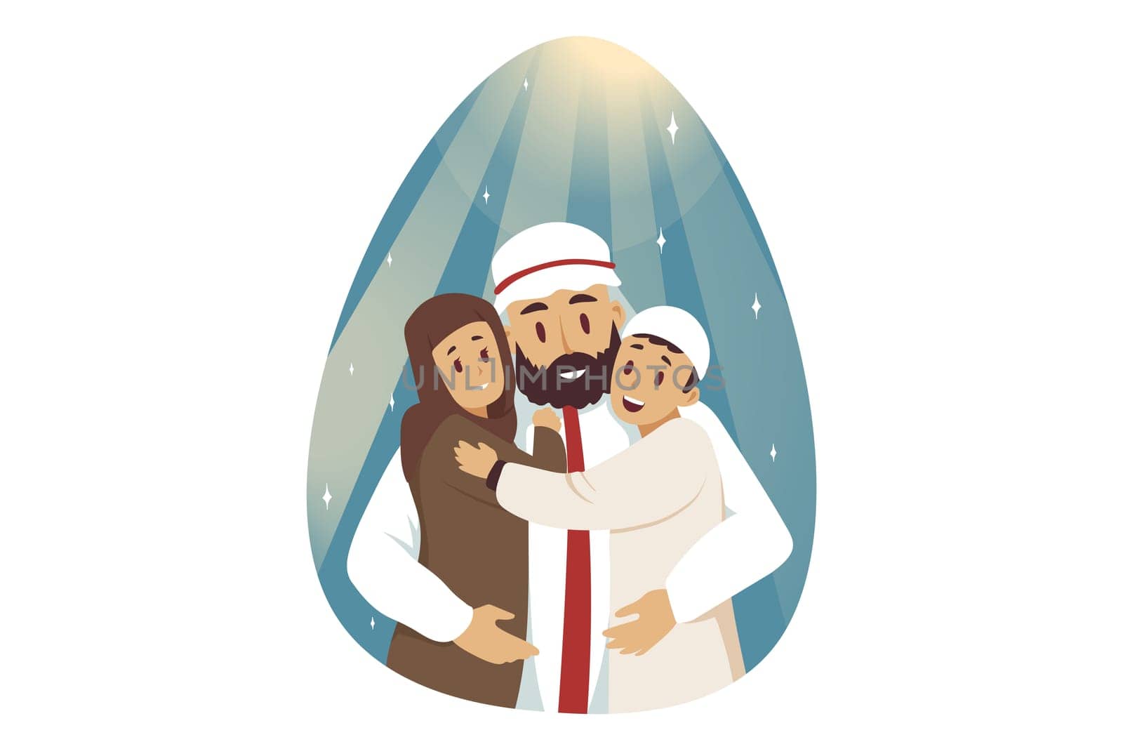 Love, fatherhood, family concept. Young arab man muslim cartoon character hugging embracing kids children boy and girl posing together. Fathers day illustration