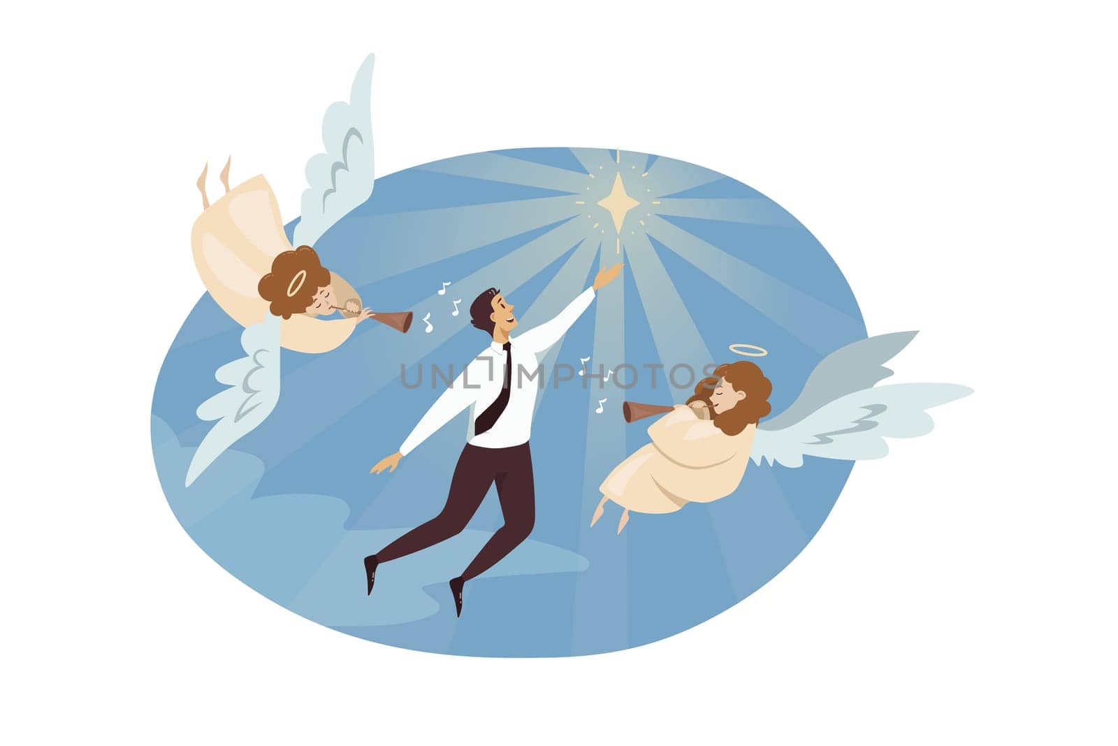 Religion, christianity, support, success, goal achievement concept. Angels biblical characters playing on pipes glorifying young businessman clerk manager flying to star. Divine startup assistance.