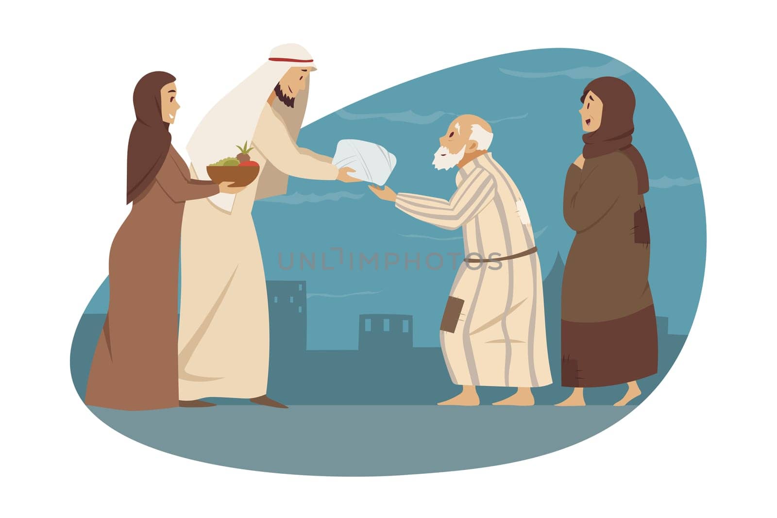 Family, love, holiday, islam, Eid al Fitr concept. Young man woman brother sister muslims give gifts presents to parents arab granny grandfather. Mothers day fathers day islamic Ramadan celebration.
